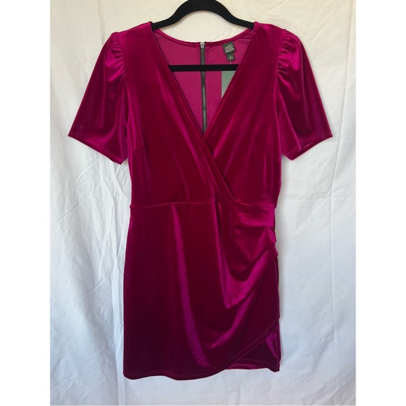 NWT Wild Fable Fuchsia Velvet Dress | Magenta Surplice Wrap V-Neck Fitted Mini - Picture 4 of 10